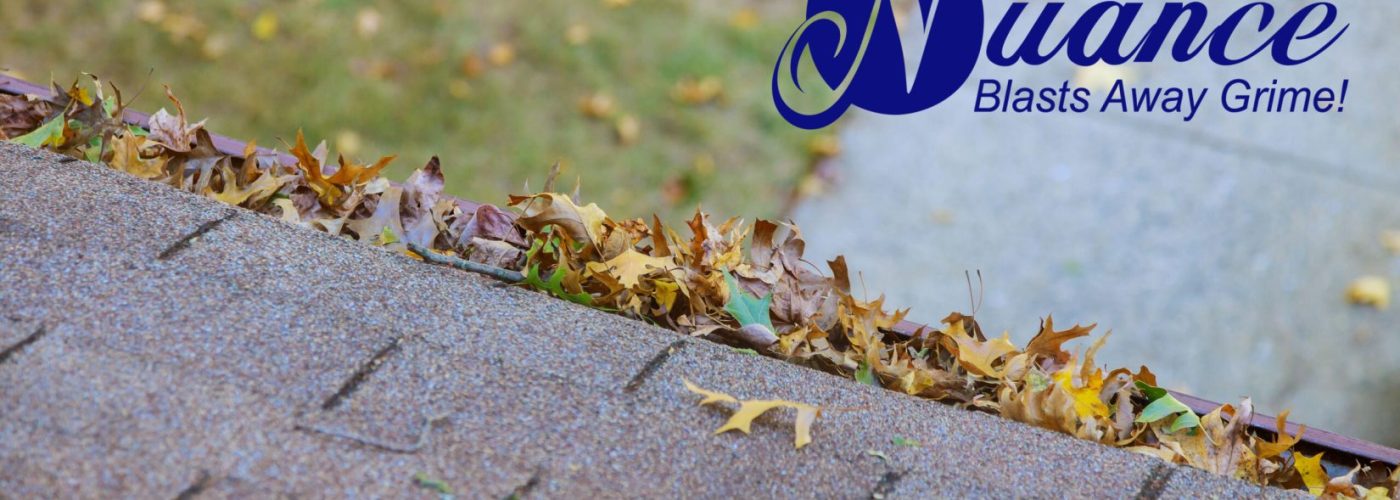 Dirty roof with iron gutter with autumn leaves requiring cleaning